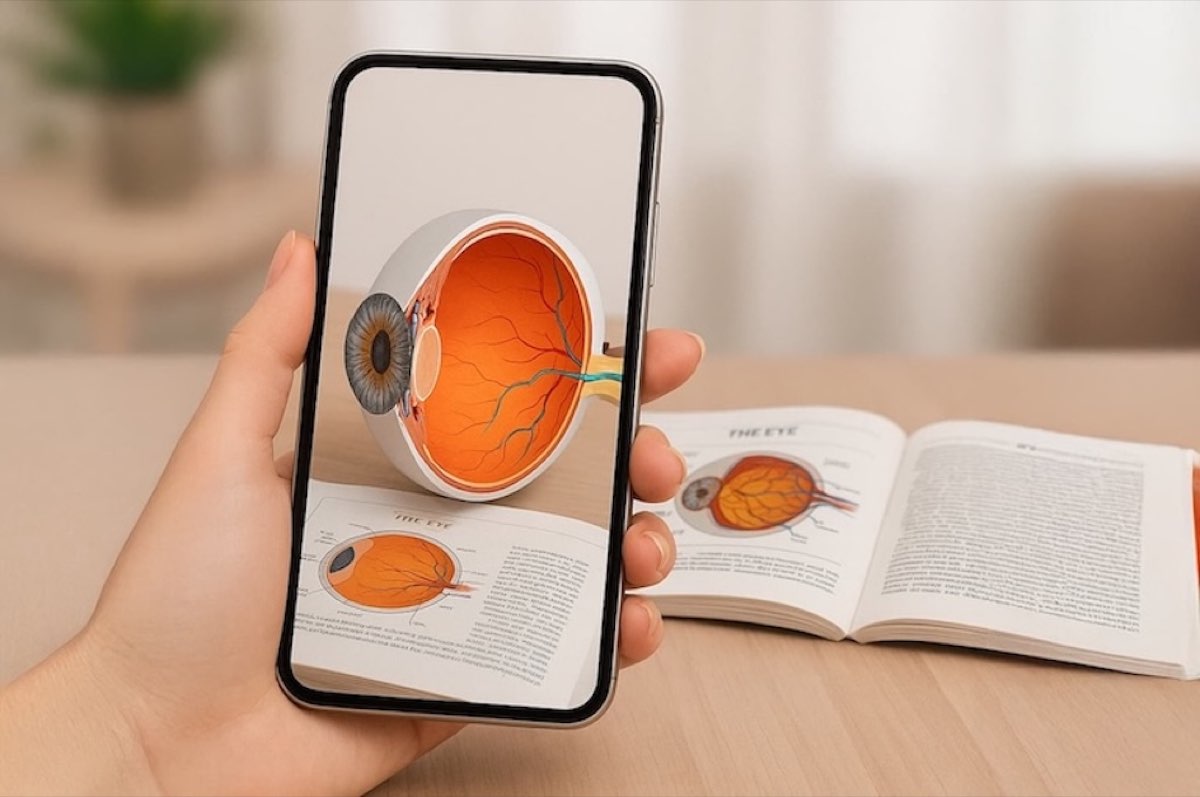 A student viewing a 3D anatomy model emerging from a textbook